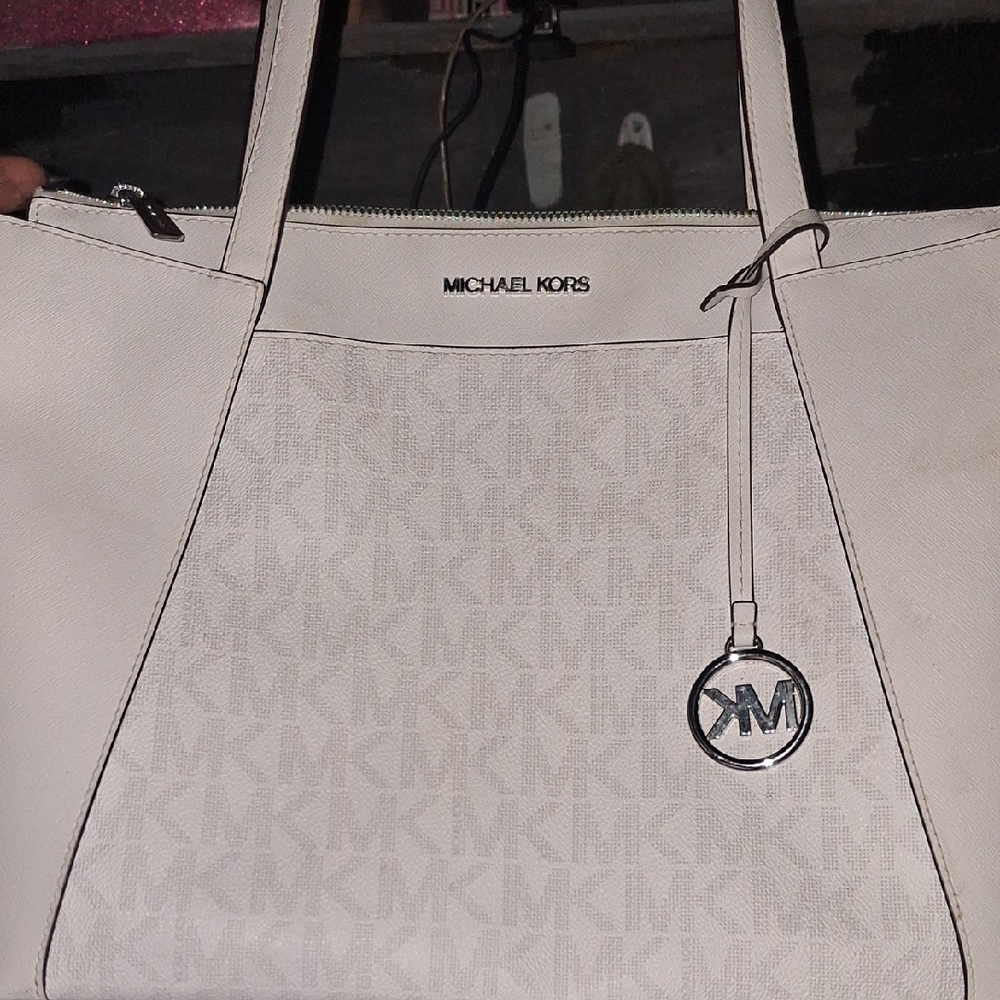 Michael Kors White Signature Tote with MK Charm